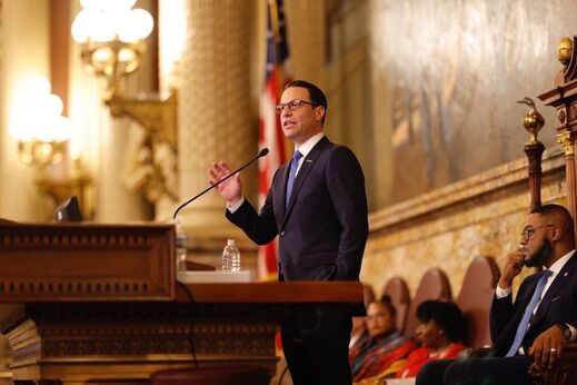 Governor Josh Shapiro gives his 2023 budget address in the state capitol in Harrisburg, Pennsylvania